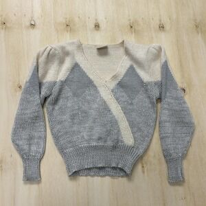 Vintage One Step Up Sweater Womens Small Gray Argyle V Neck Balloon Sleeve 80s